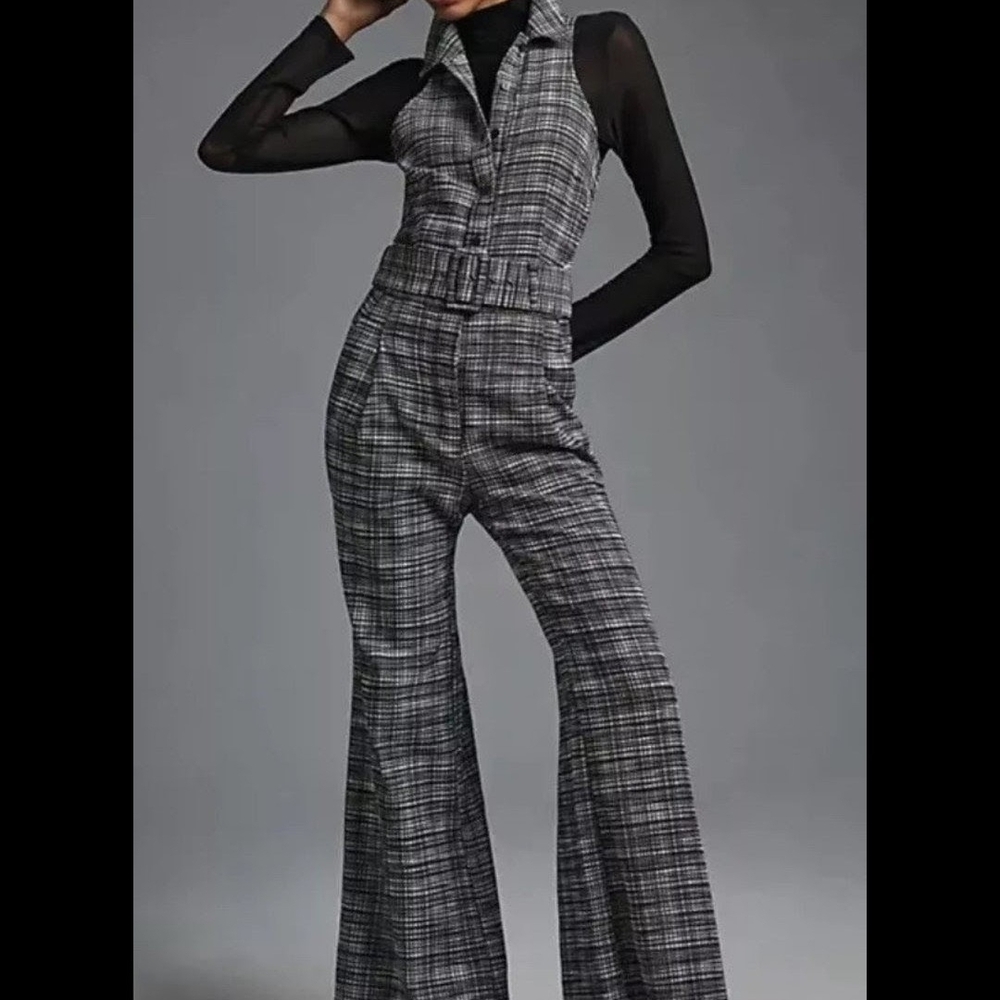 Anthropologie Black and Gray Plaid Jumpsuit